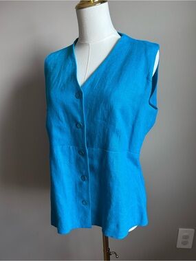 Bright blue 100% linen Sleeveless V-Neck Button Front peplum Top summer